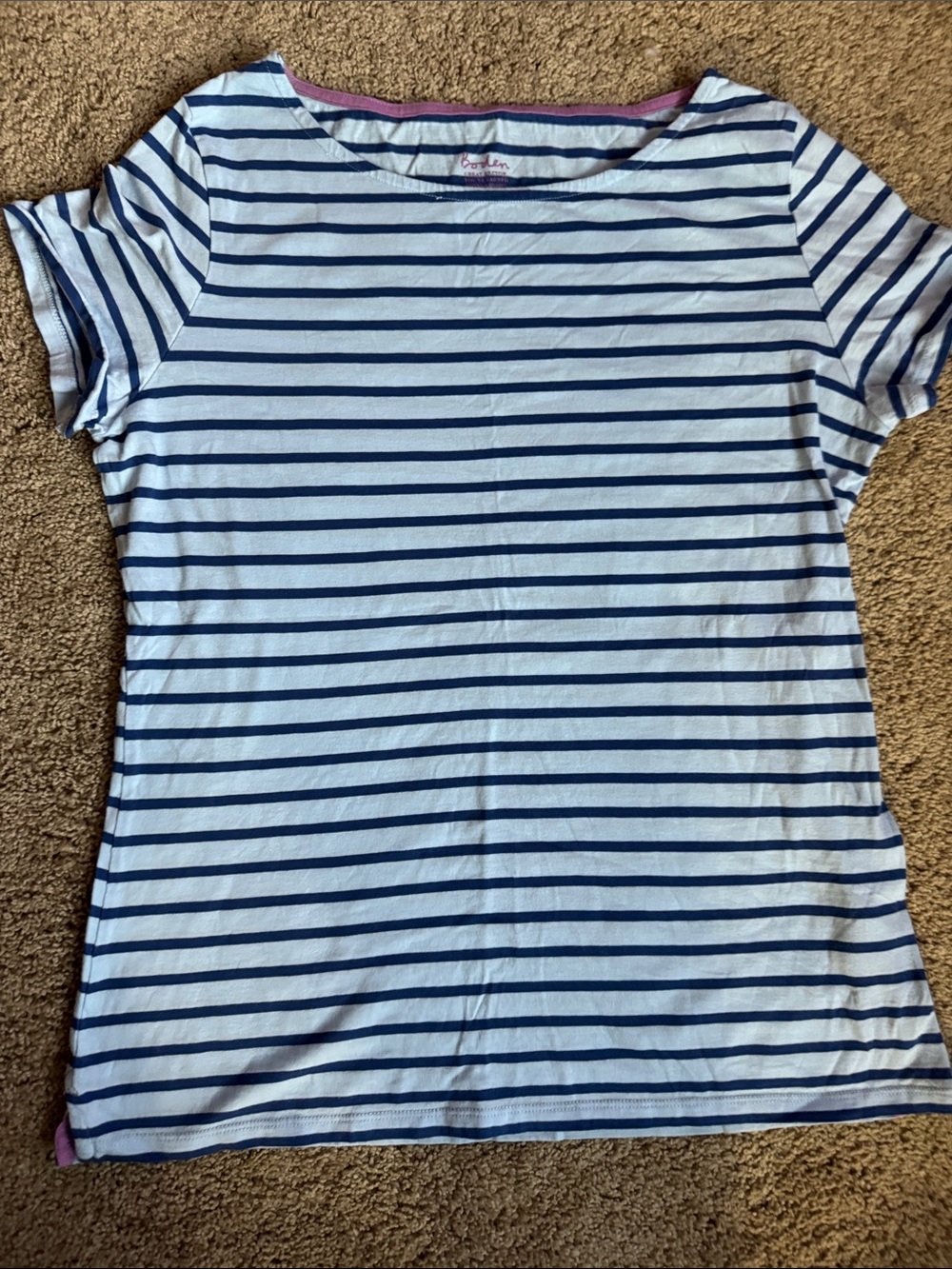 Boden Navy and White Striped Tee with Purple Logo